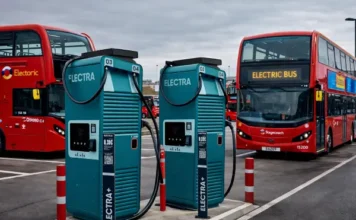 London bus depots get EV upgrade as Stagecoach pushes toward zero-carbon fleet Electric buses charging at a London bus depot as part of zero-emission transport expansion